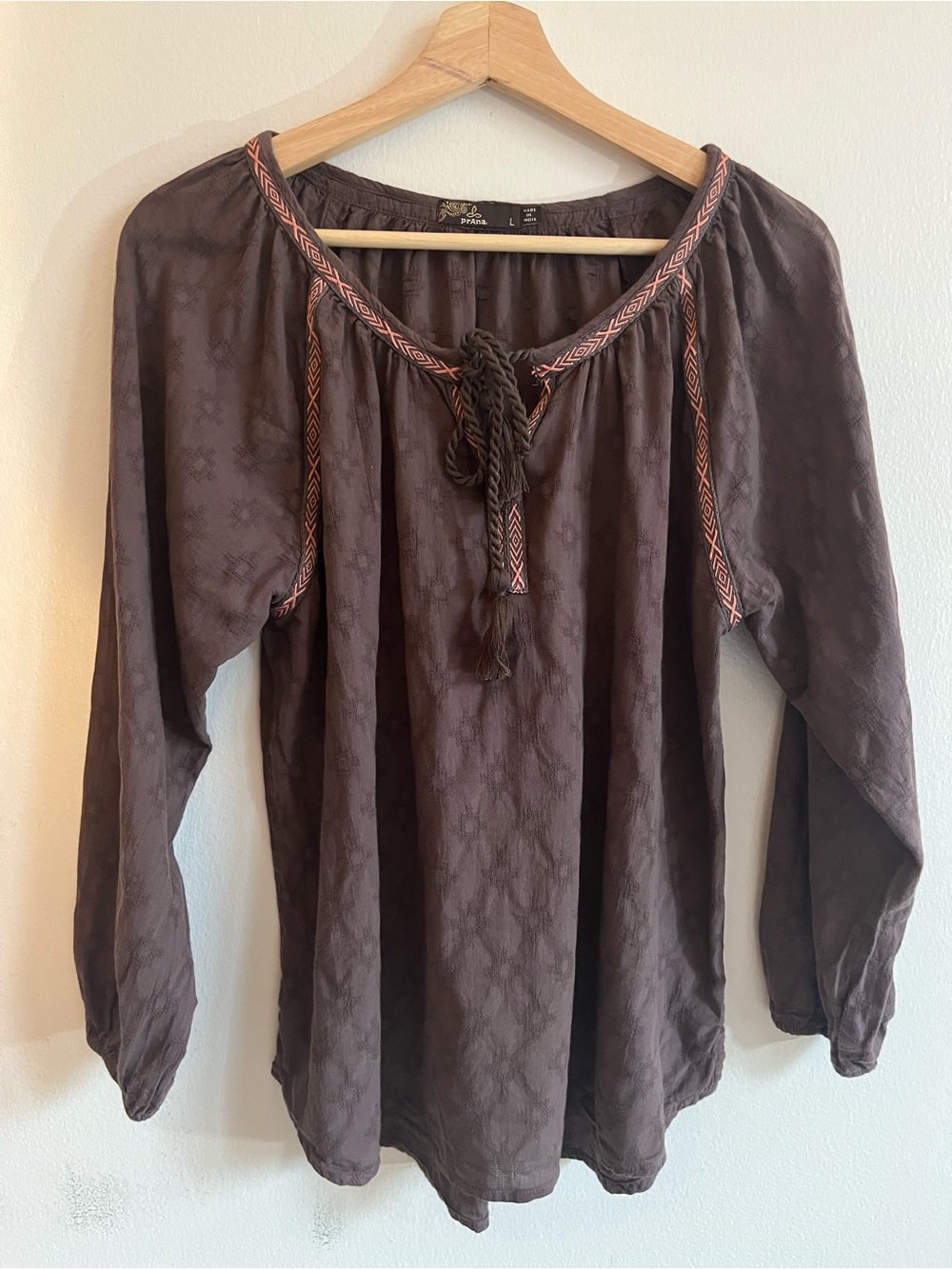 Prana Chocolate Brown Embroidered Peasant Top size Large